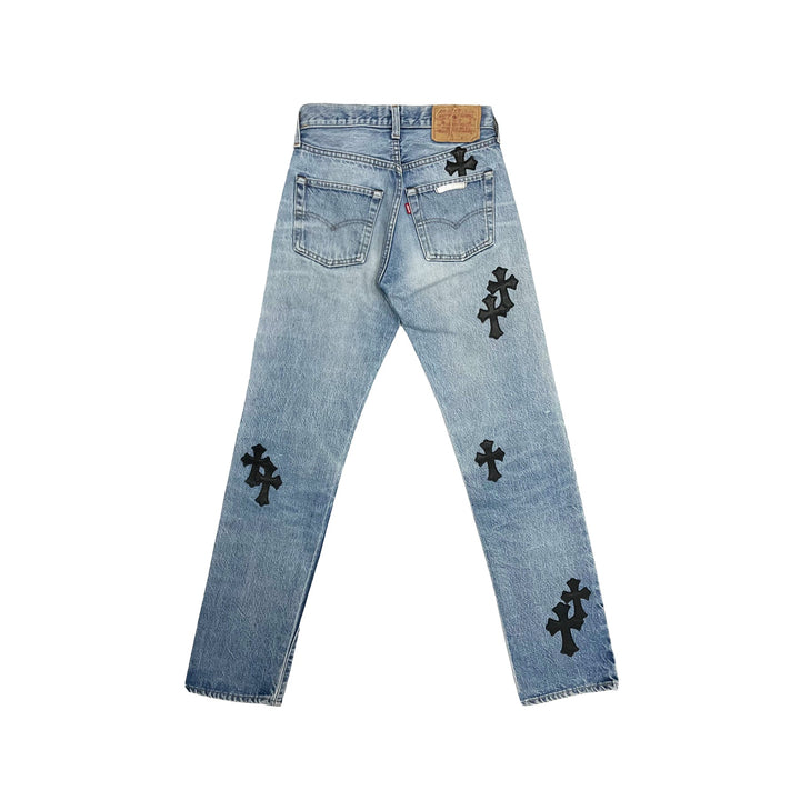 Chrome Hearts Levi's 501 Black Cross Leather Patch Jeans - SHENGLI ROAD MARKET