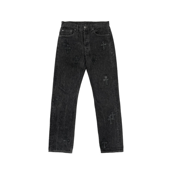 Chrome Hearts Levi's 501 Black Leather Cross Patch Jeans - SHENGLI ROAD MARKET
