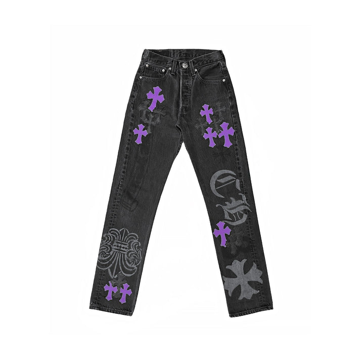 Chrome Hearts Levi's 501 Black&Purple Cross Patch Dark Grey Jeans - SHENGLI ROAD MARKET