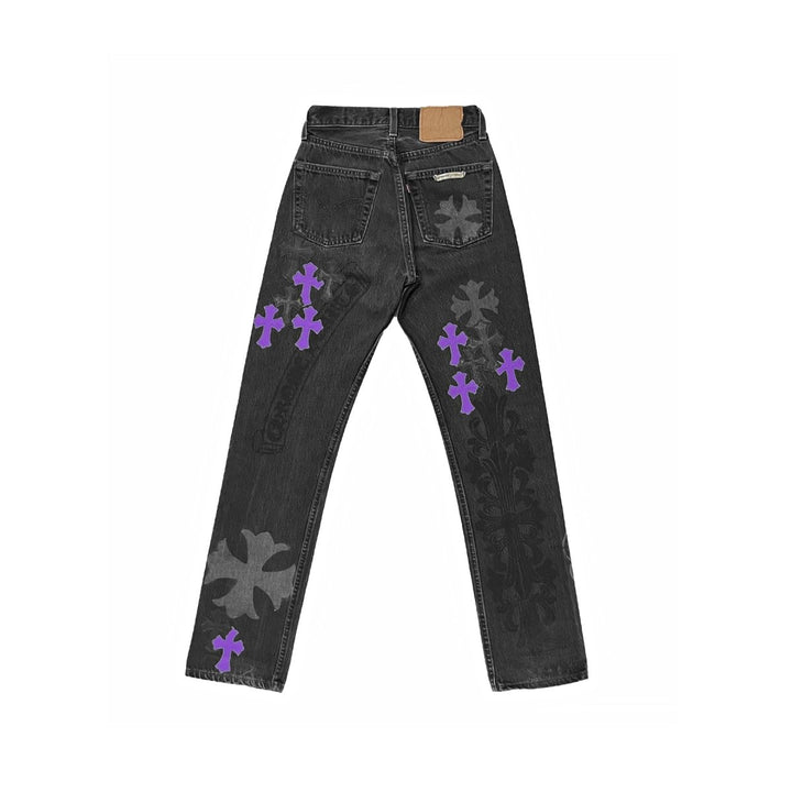 Chrome Hearts Levi's 501 Black&Purple Cross Patch Dark Grey Jeans - SHENGLI ROAD MARKET