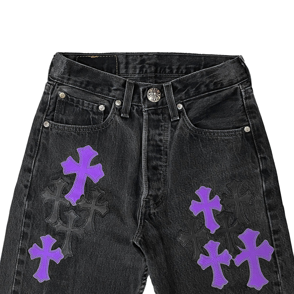 Chrome Hearts Levi's 501 Black&Purple Cross Patch Dark Grey Jeans - SHENGLI ROAD MARKET