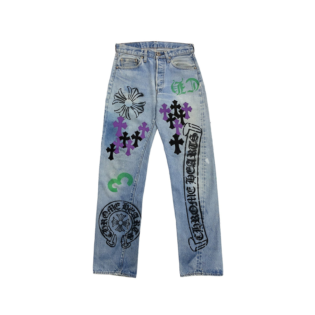 Chrome Hearts Levi's 501 Black&Purple Cross Patch Multi Graphic Spray Jeans - SHENGLI ROAD MARKET
