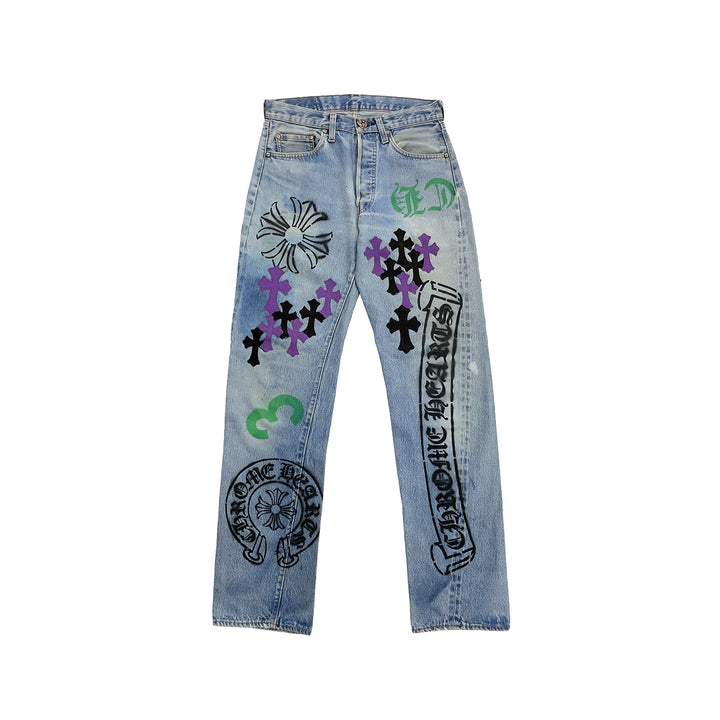 Chrome Hearts Levi's 501 Black&Purple Cross Patch Multi Graphic Spray Jeans - SHENGLI ROAD MARKET