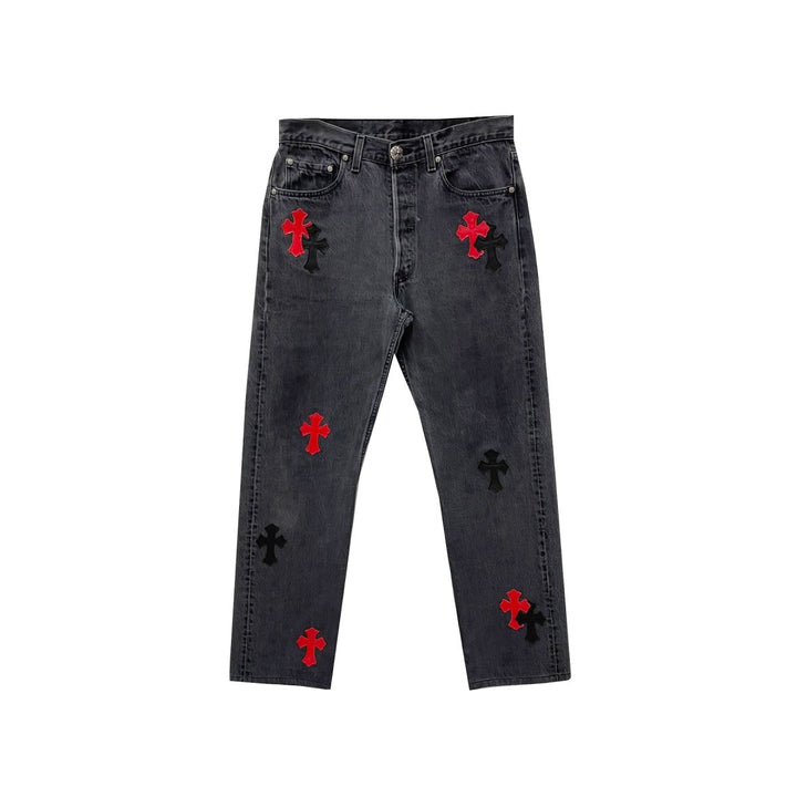 Chrome Hearts Levi's 501 Black&Red Cross Patch Grey Jeans - SHENGLI ROAD MARKET