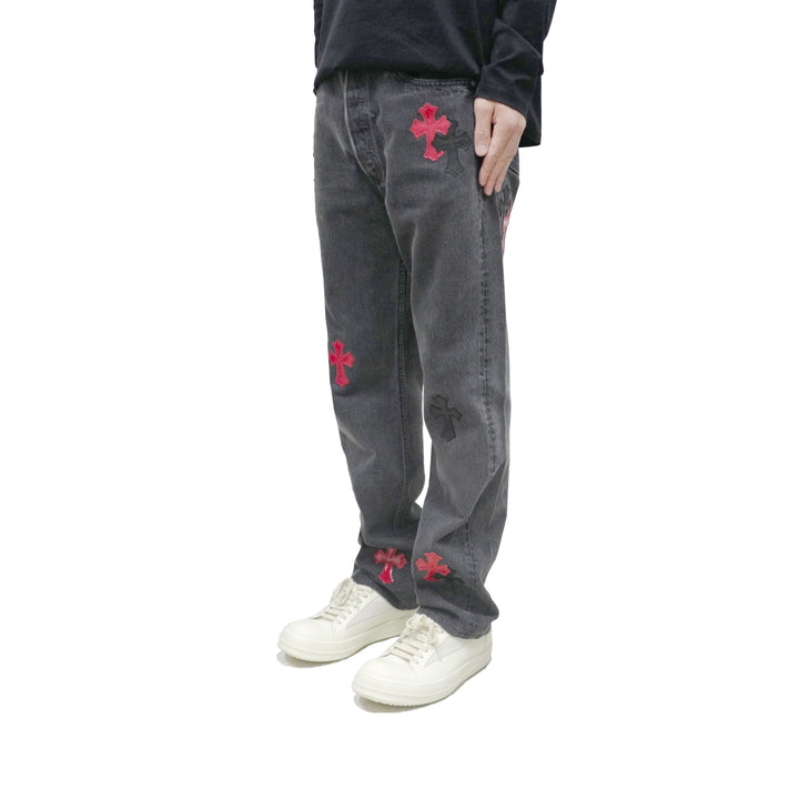 Chrome Hearts Levi's 501 Black&Red Cross Patch Grey Jeans - SHENGLI ROAD MARKET