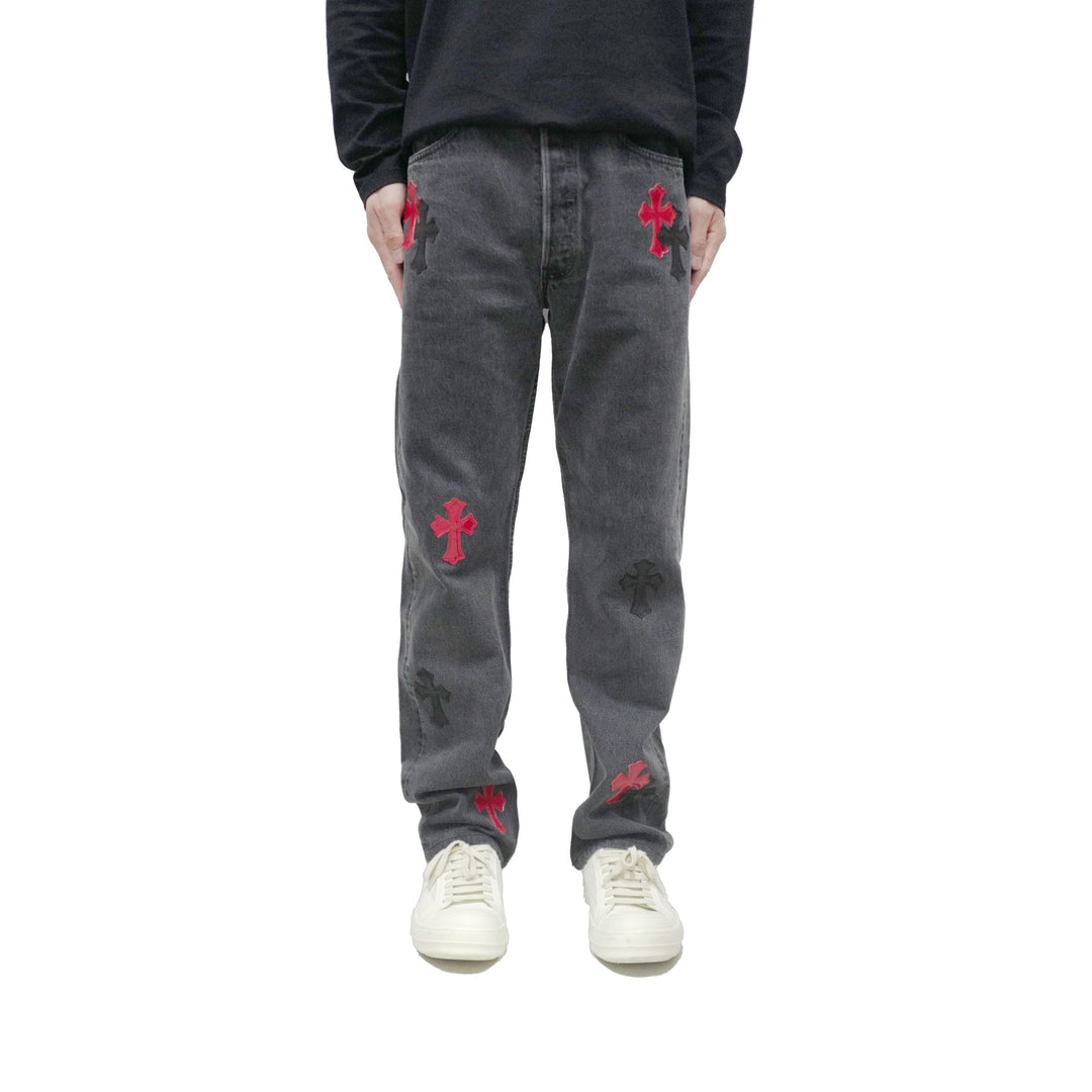 Chrome Hearts Levi's 501 Black&Red Cross Patch Grey Jeans - SHENGLI ROAD MARKET