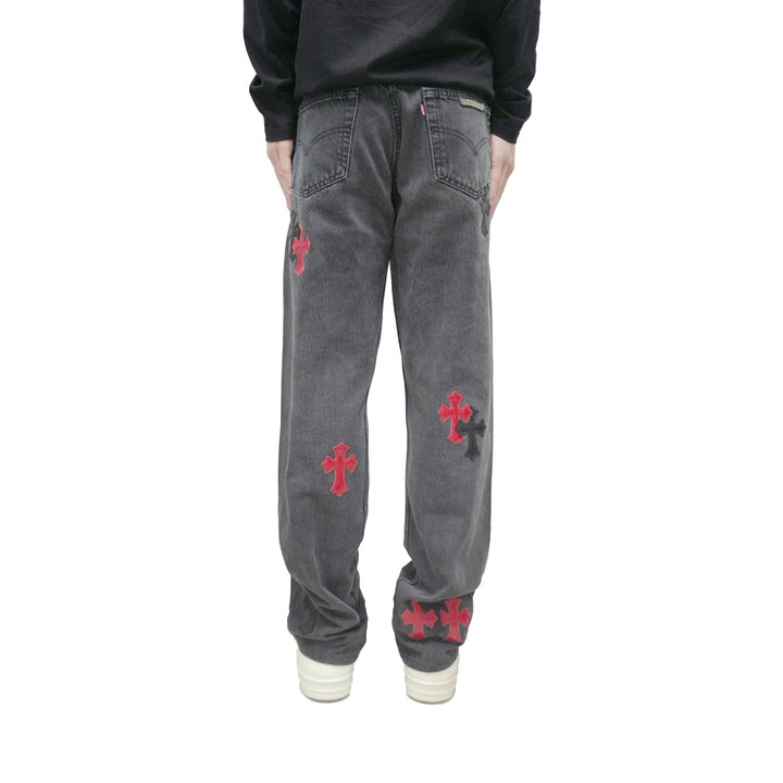 Chrome Hearts Levi's 501 Black&Red Cross Patch Grey Jeans - SHENGLI ROAD MARKET