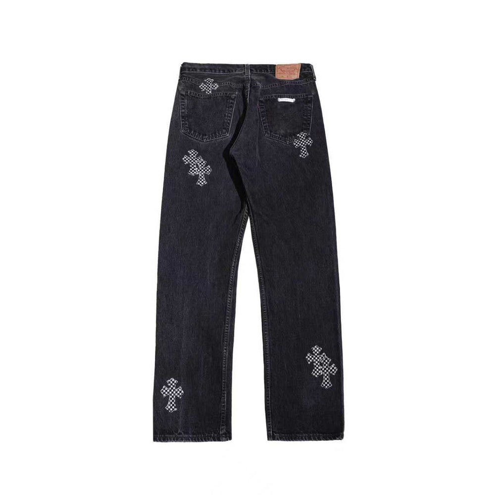 Chrome Hearts Levi's 501 Black&White Checkerboard Pony Hair Cross Patch Black Jeans - SHENGLI ROAD MARKET