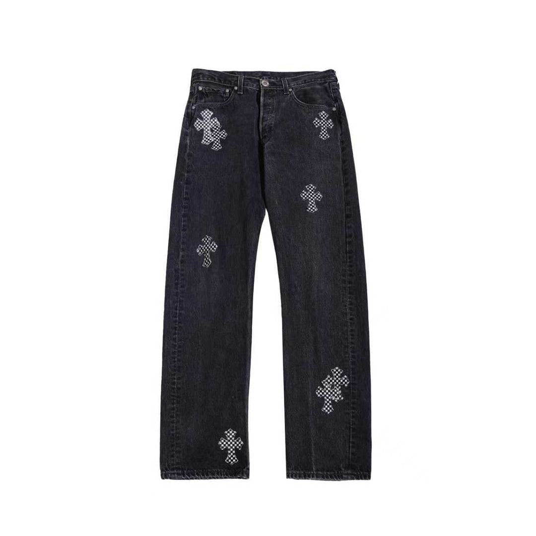Chrome Hearts Levi's 501 Black&White Checkerboard Pony Hair Cross Patch Black Jeans - SHENGLI ROAD MARKET