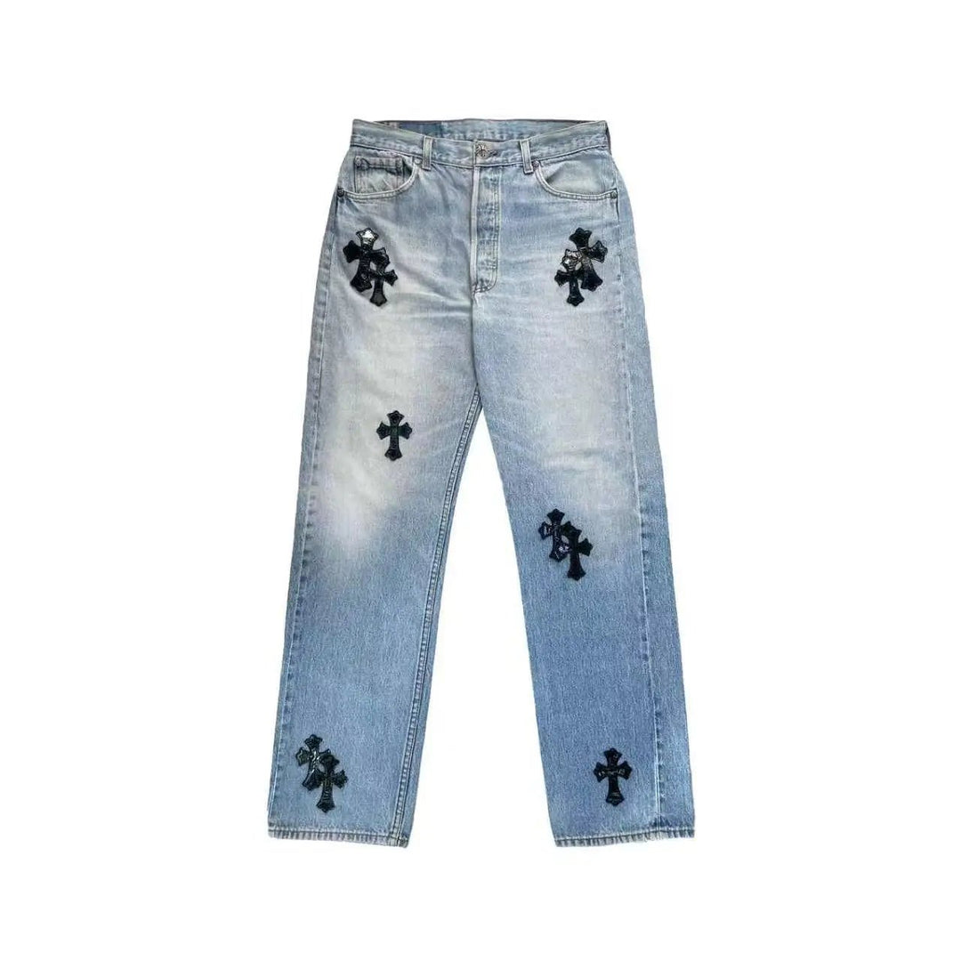 Chrome Hearts Levi's 501 Cemetery Cross Patch Light Wash Denim Jeans - SHENGLI ROAD MARKET