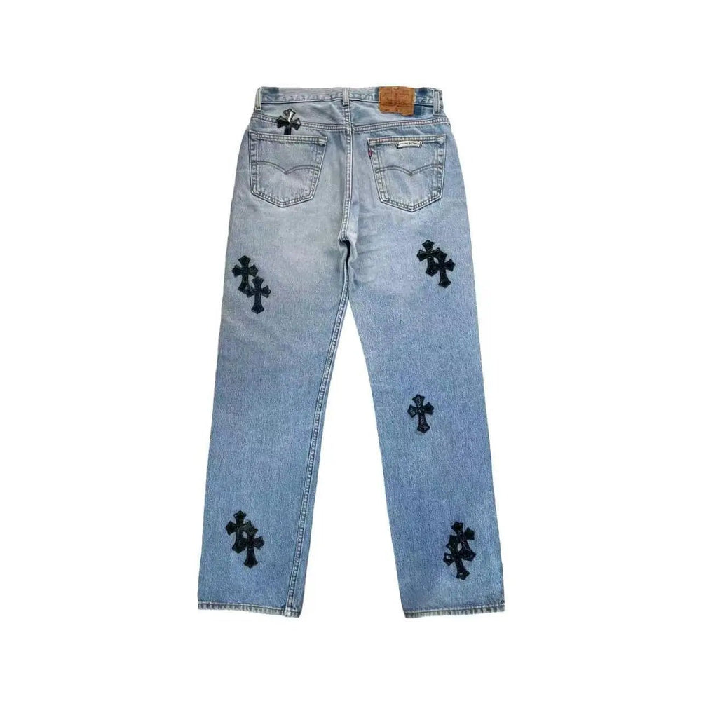 Chrome Hearts Levi's 501 Cemetery Cross Patch Light Wash Denim Jeans - SHENGLI ROAD MARKET