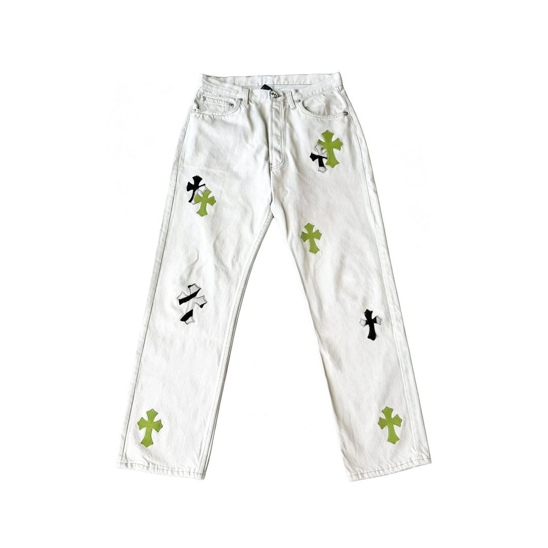 Chrome Hearts Levi's 501 Green&Zebra Cross Patch White Jeans - SHENGLI ROAD MARKET