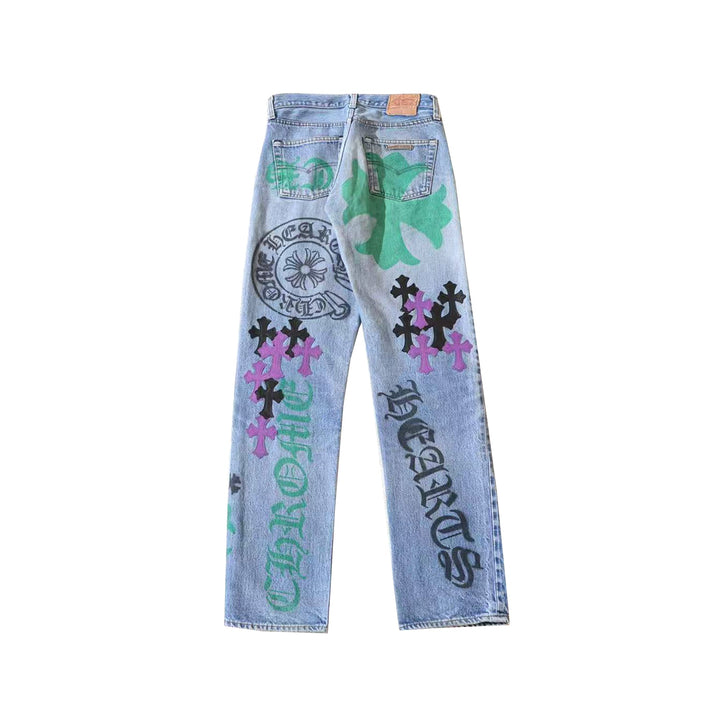 Chrome Hearts Levi's 501 Light Wash Multi Graphic Spray Painted Jeans - SHENGLI ROAD MARKET