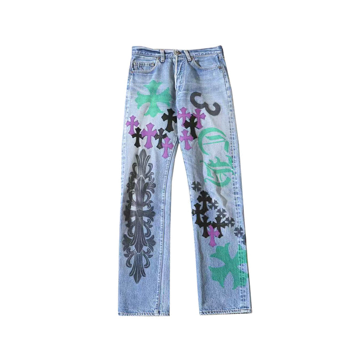 Chrome Hearts Levi's 501 Light Wash Multi Graphic Spray Painted Jeans - SHENGLI ROAD MARKET