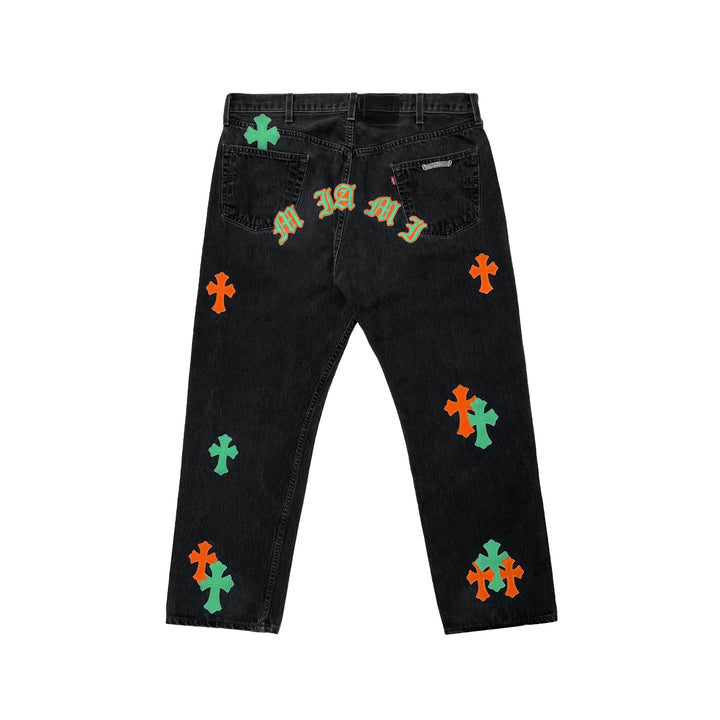 Chrome Hearts Levi's 501 Orange&Green Miami Cross Leather Patch Black Jeans - SHENGLI ROAD MARKET