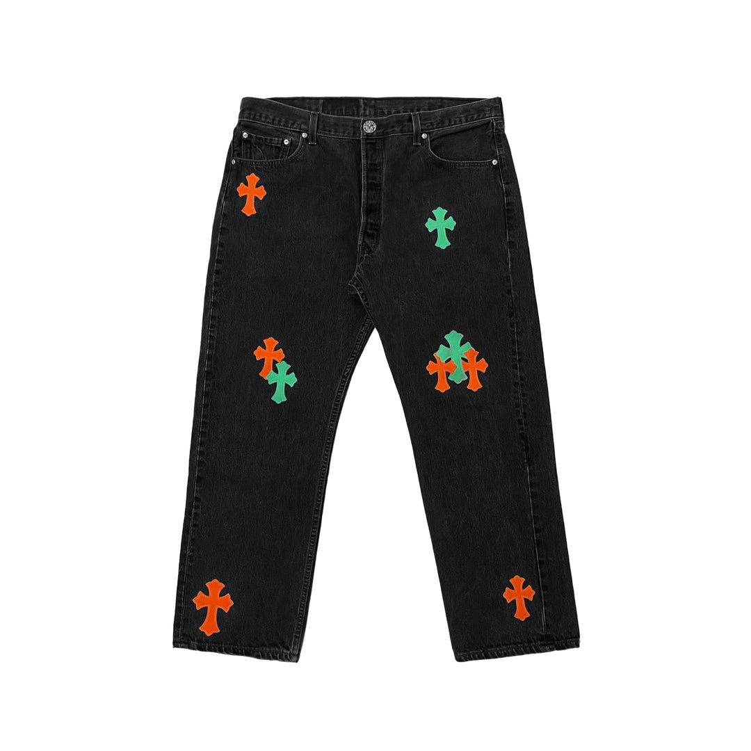 Chrome Hearts Levi's 501 Orange&Green Miami Cross Leather Patch Black Jeans - SHENGLI ROAD MARKET
