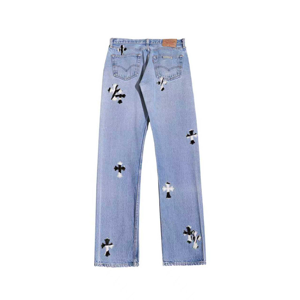 Chrome Hearts Levi's 501 Pony Hair Cross Patch Light Blue Wash Jeans - SHENGLI ROAD MARKET