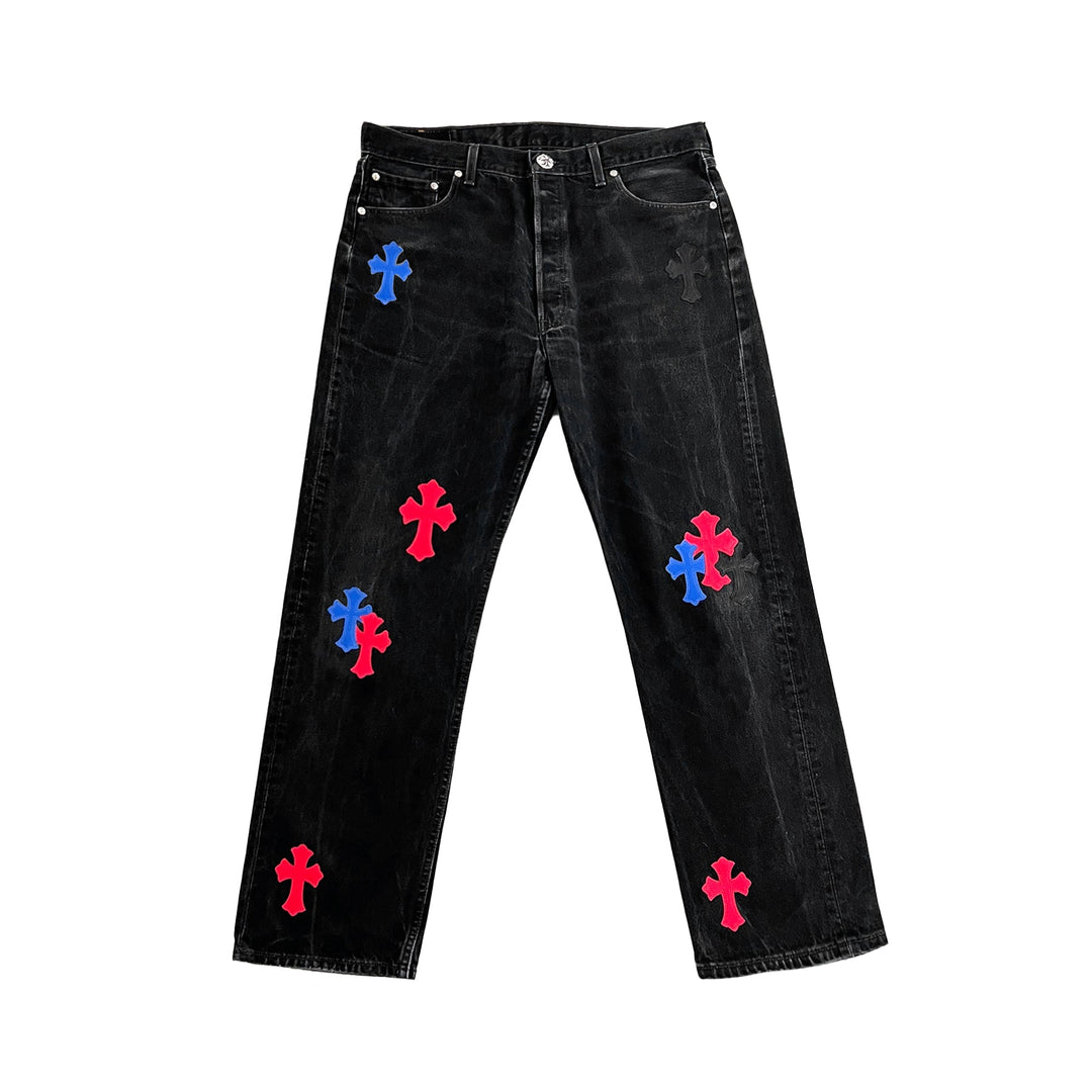 Chrome Hearts Levi's 501 Seoul Exclusive Blue&Red&Black Cross Patch Jeans - SHENGLI ROAD MARKET