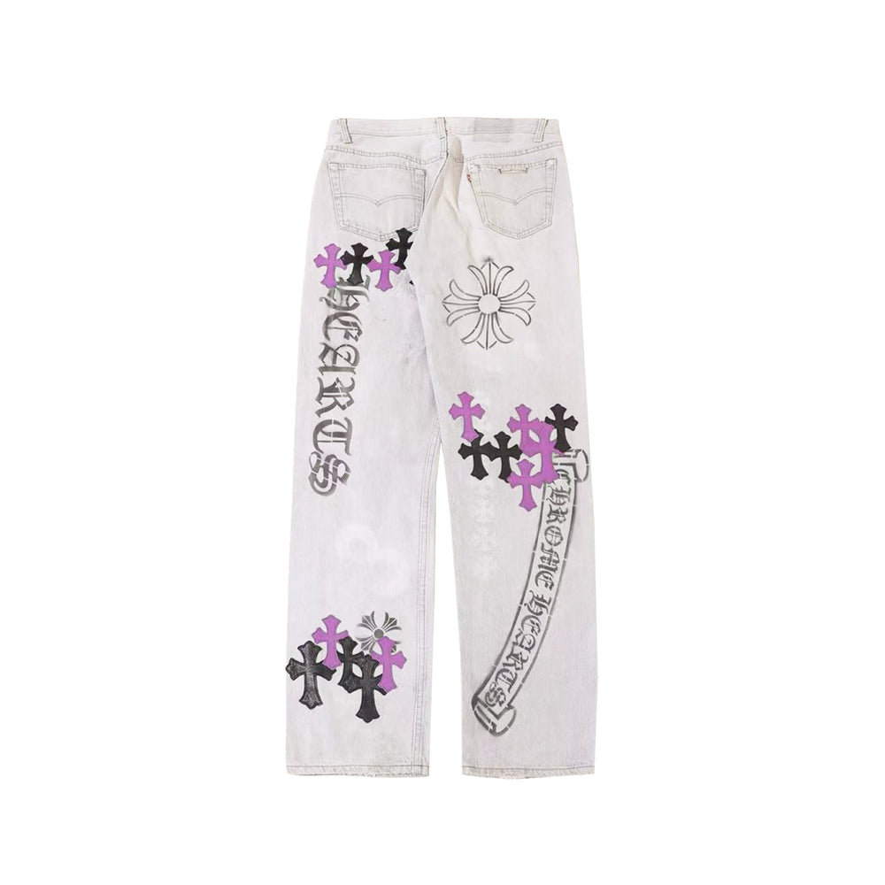 Chrome Hearts Levi's 501 Spray Purple Cross Patch Washed Grey Jeans - SHENGLI ROAD MARKET