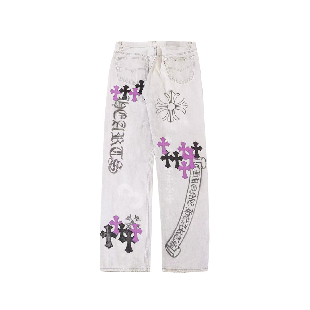 Chrome Hearts Levi's 501 Spray Purple Cross Patch Washed Grey Jeans - SHENGLI ROAD MARKET