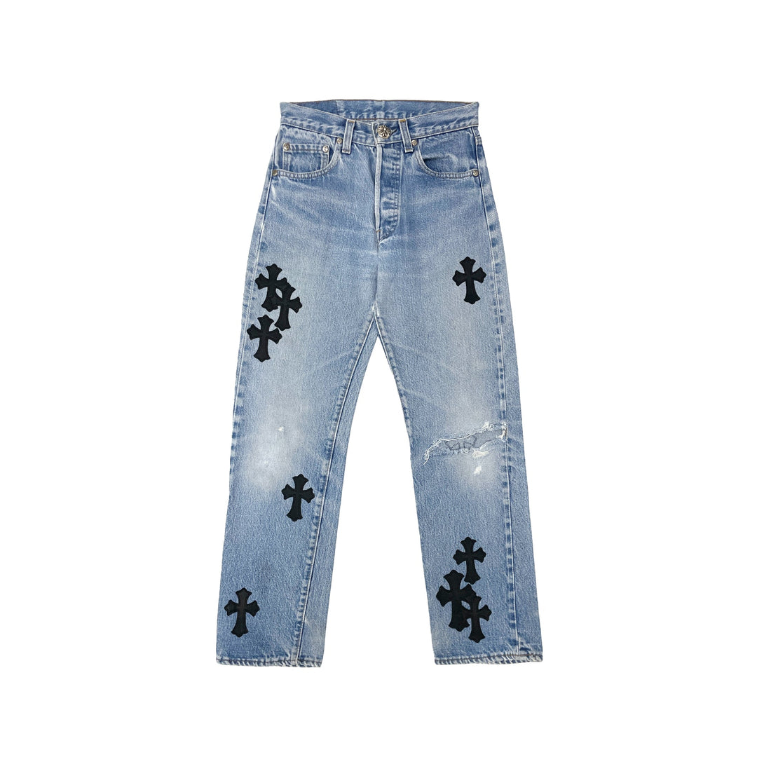 Chrome Hearts Levi’s 501 Washed Blue Black Cross Patch Jeans - SHENGLI ROAD MARKET