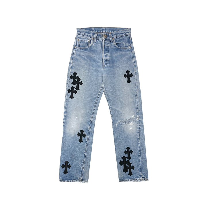 Chrome Hearts Levi’s 501 Washed Blue Black Cross Patch Jeans - SHENGLI ROAD MARKET