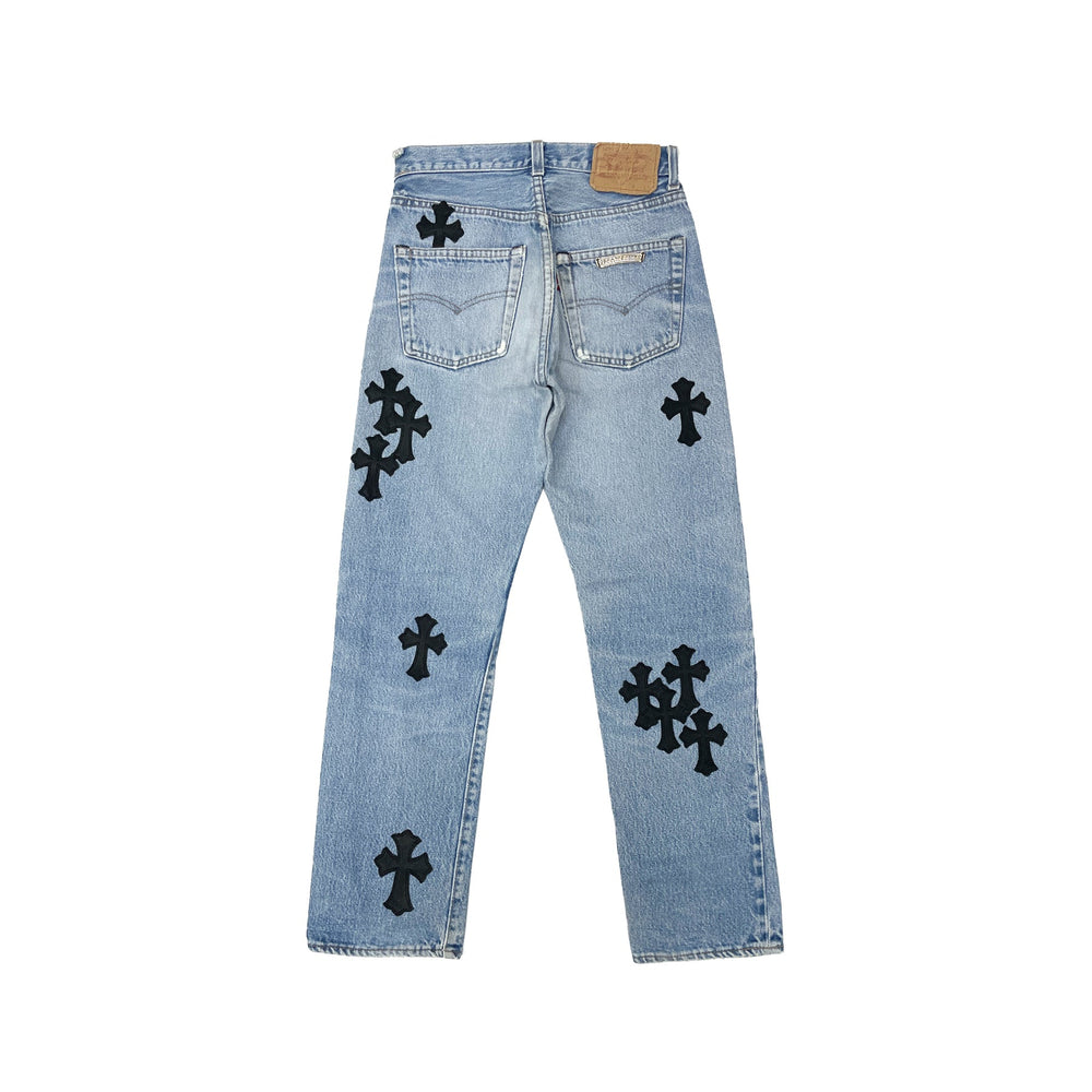 Chrome Hearts Levi’s 501 Washed Blue Black Cross Patch Jeans - SHENGLI ROAD MARKET