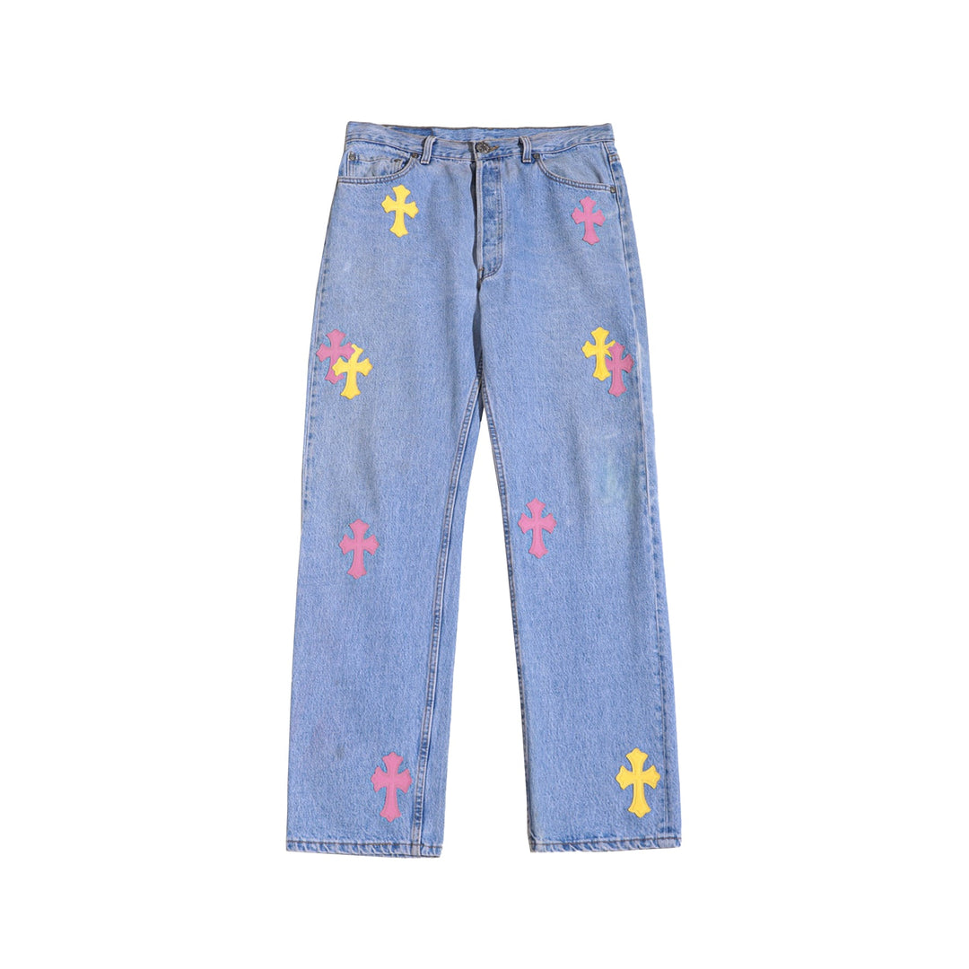 Chrome Hearts Levi's 501 Yellow&Pink Cross Patch Blue Jeans - SHENGLI ROAD MARKET
