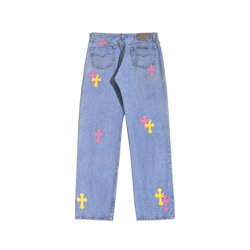 Chrome Hearts Levi's 501 Yellow&Pink Cross Patch Blue Jeans - SHENGLI ROAD MARKET