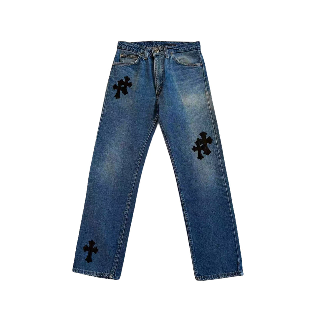 Chrome Hearts Levi's 505 Black Cross Leather Patch Denim Jeans - SHENGLI ROAD MARKET