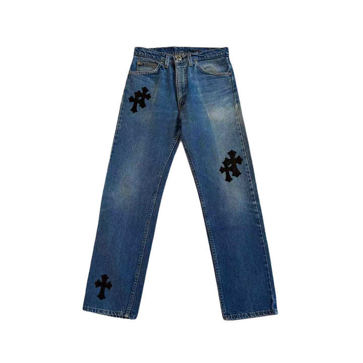 Chrome Hearts Levi's 505 Black Cross Leather Patch Denim Jeans - SHENGLI ROAD MARKET