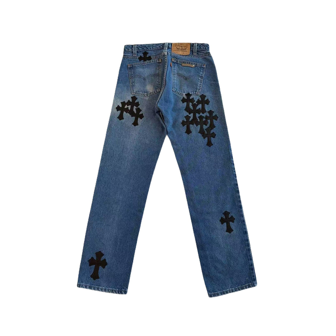 Chrome Hearts Levi's 505 Black Cross Leather Patch Denim Jeans - SHENGLI ROAD MARKET