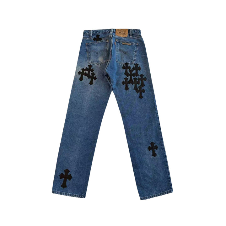 Chrome Hearts Levi's 505 Black Cross Leather Patch Denim Jeans - SHENGLI ROAD MARKET