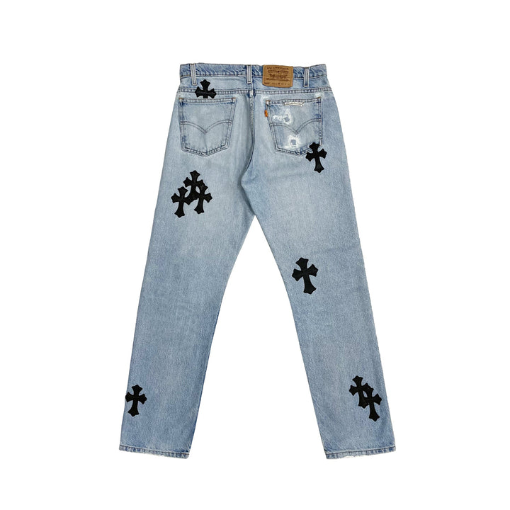 Chrome Hearts Levi's 505 Black Cross Patch Light Blue Jeans - SHENGLI ROAD MARKET