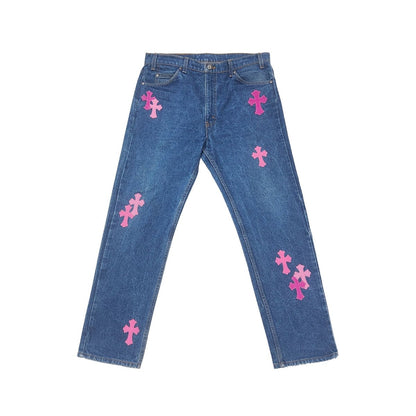 Chrome Hearts Levi's 505 Orange Tab Pink Cross Patch Denim Jeans - SHENGLI ROAD MARKET