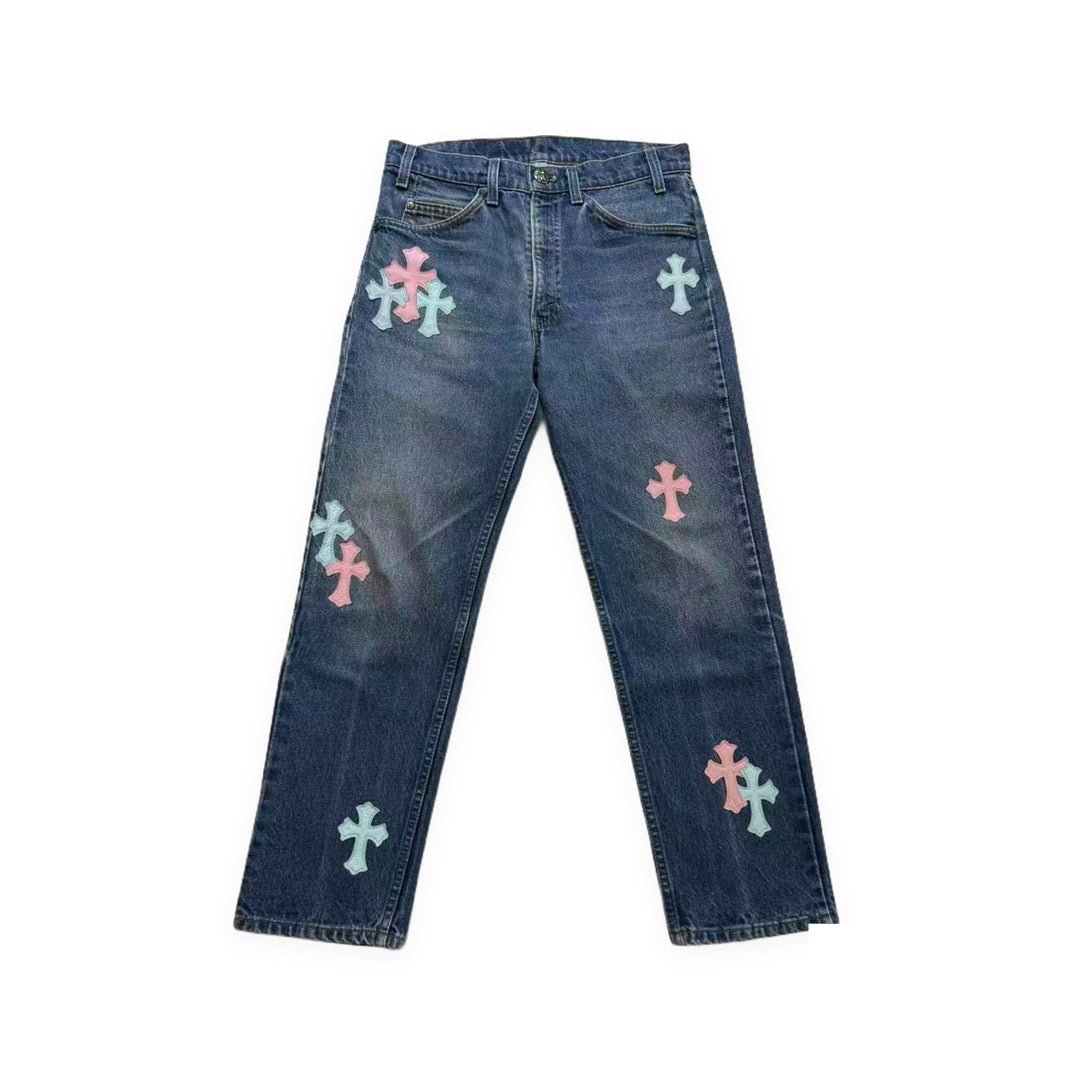 Chrome Hearts Levi's 505 Pink&Blue Cross Leather Patch Denim Jeans - SHENGLI ROAD MARKET