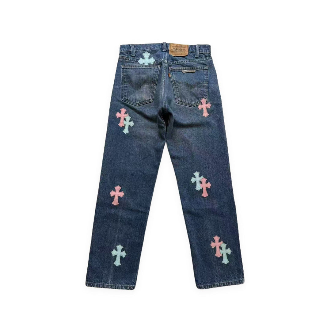 Chrome Hearts Levi's 505 Pink&Blue Cross Leather Patch Denim Jeans - SHENGLI ROAD MARKET