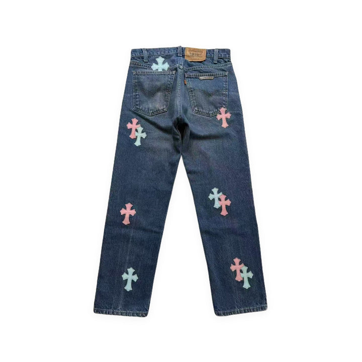 Chrome Hearts Levi's 505 Pink&Blue Cross Leather Patch Denim Jeans - SHENGLI ROAD MARKET