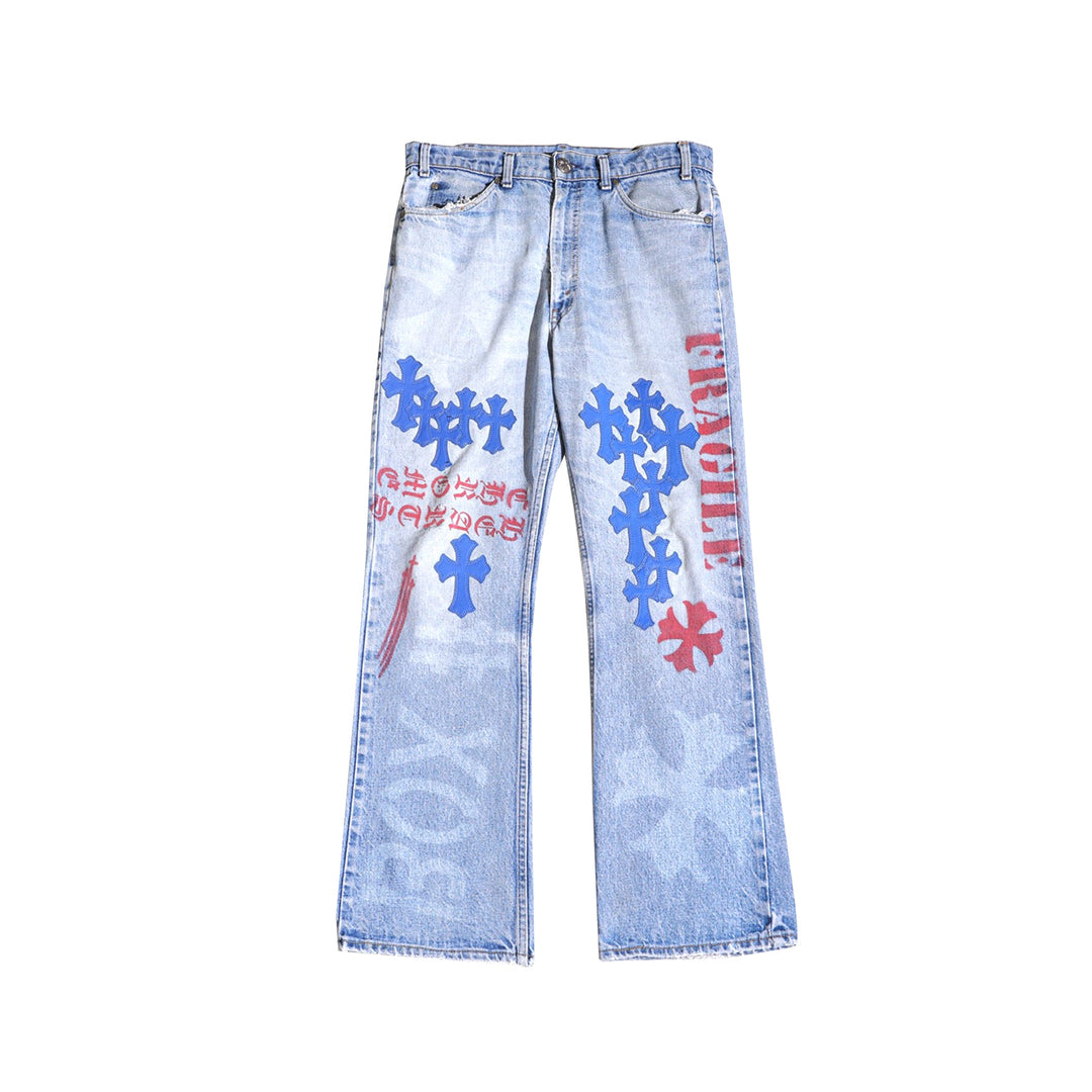 Chrome Hearts Levi's 517 Blue Cross Patch Light Blue Wash Spray Print Jeans - SHENGLI ROAD MARKET