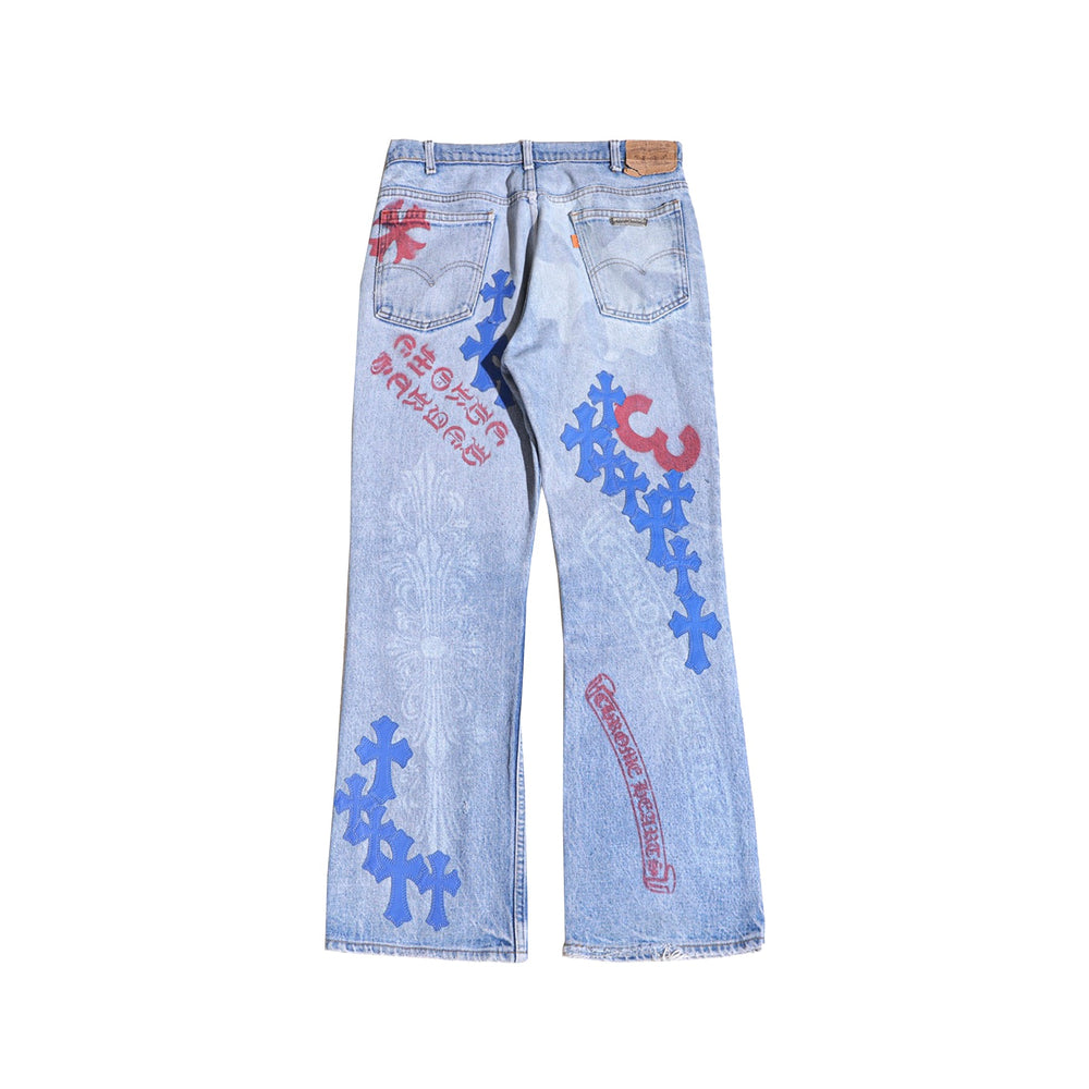 Chrome Hearts Levi's 517 Blue Cross Patch Light Blue Wash Spray Print Jeans - SHENGLI ROAD MARKET