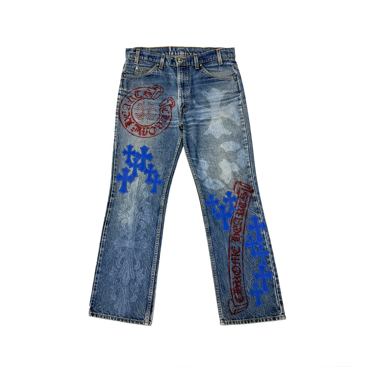 Chrome Hearts Levi's 517 Blue Cross Patch Spraypainted Jeans - SHENGLI ROAD MARKET