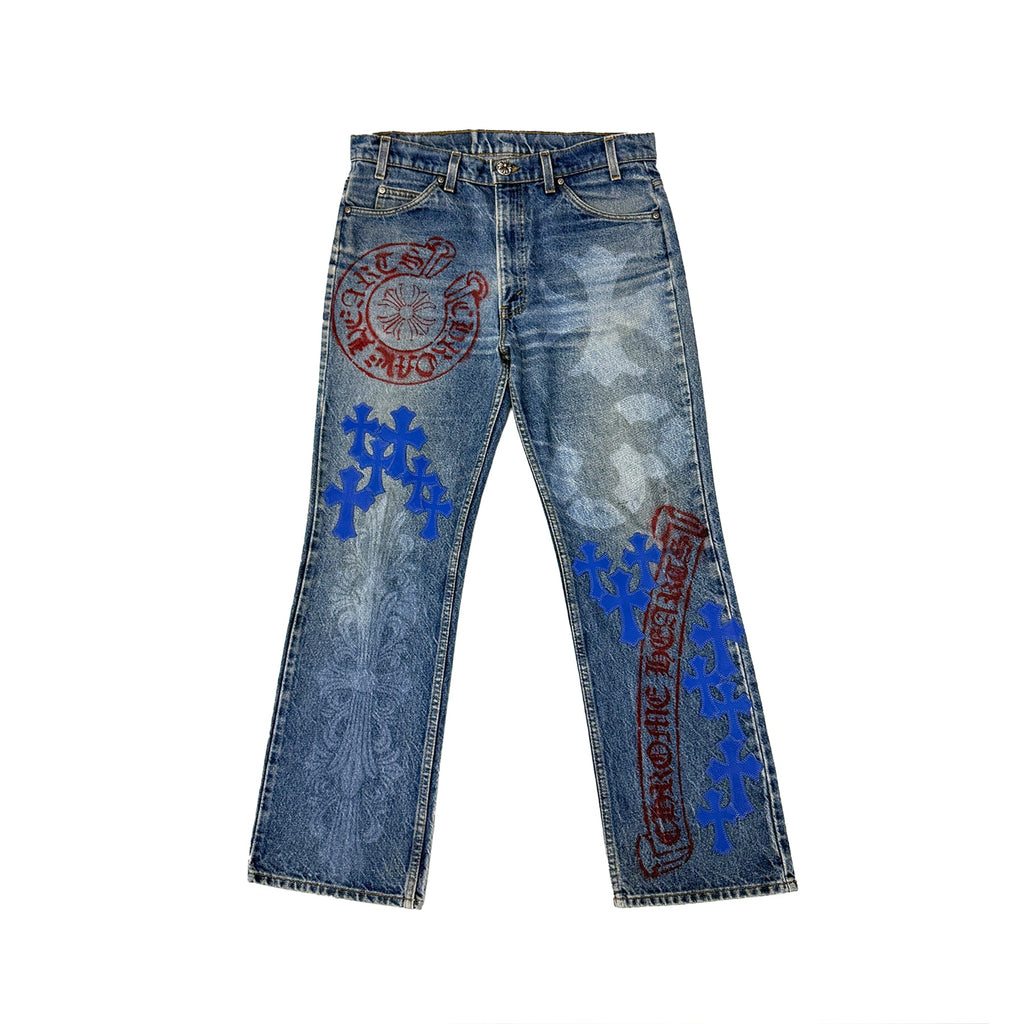 Chrome Hearts Levi's 517 Blue Cross Patch Spraypainted Jeans