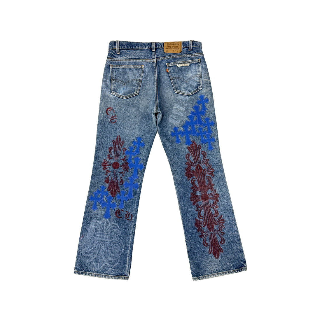 Chrome Hearts Levi's 517 Blue Cross Patch Spraypainted Jeans - SHENGLI ROAD MARKET
