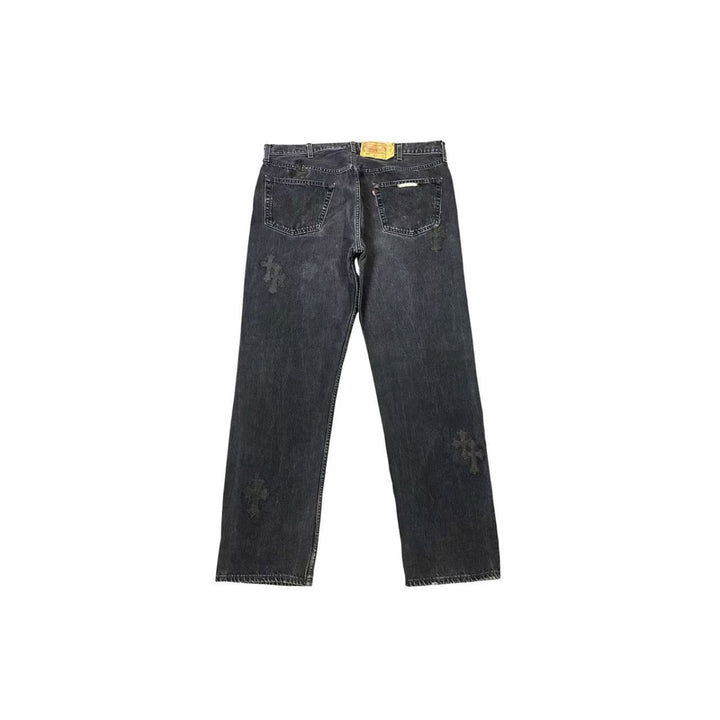 Chrome Hearts Levis'501 Black Leather Patch Grey Jeans - SHENGLI ROAD MARKET