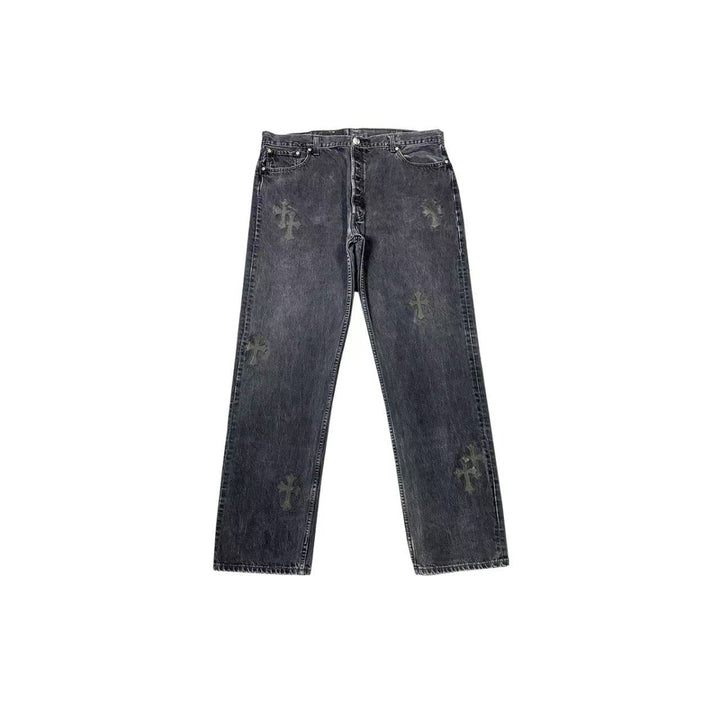 Chrome Hearts Levis'501 Black Leather Patch Grey Jeans - SHENGLI ROAD MARKET