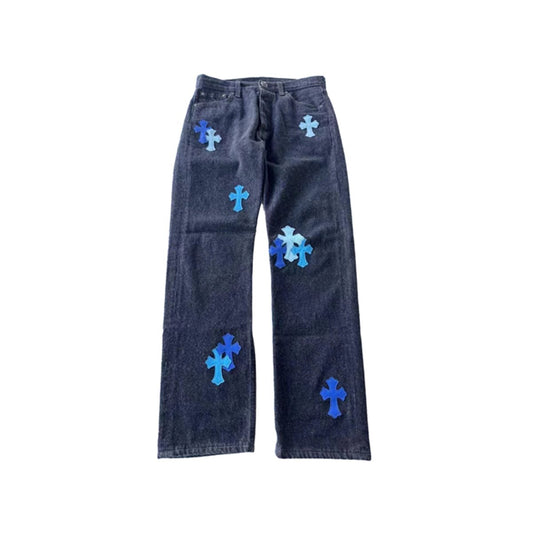 Chrome Hearts London Exclusive Jeans With Blue Leather Cross Patch (Artwork) - SHENGLI ROAD MARKET