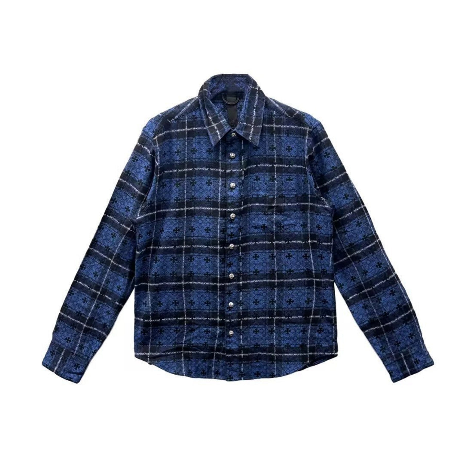 Chrome Hearts Blue Mongram Cross Silver Button Flannel Shirt - SRM