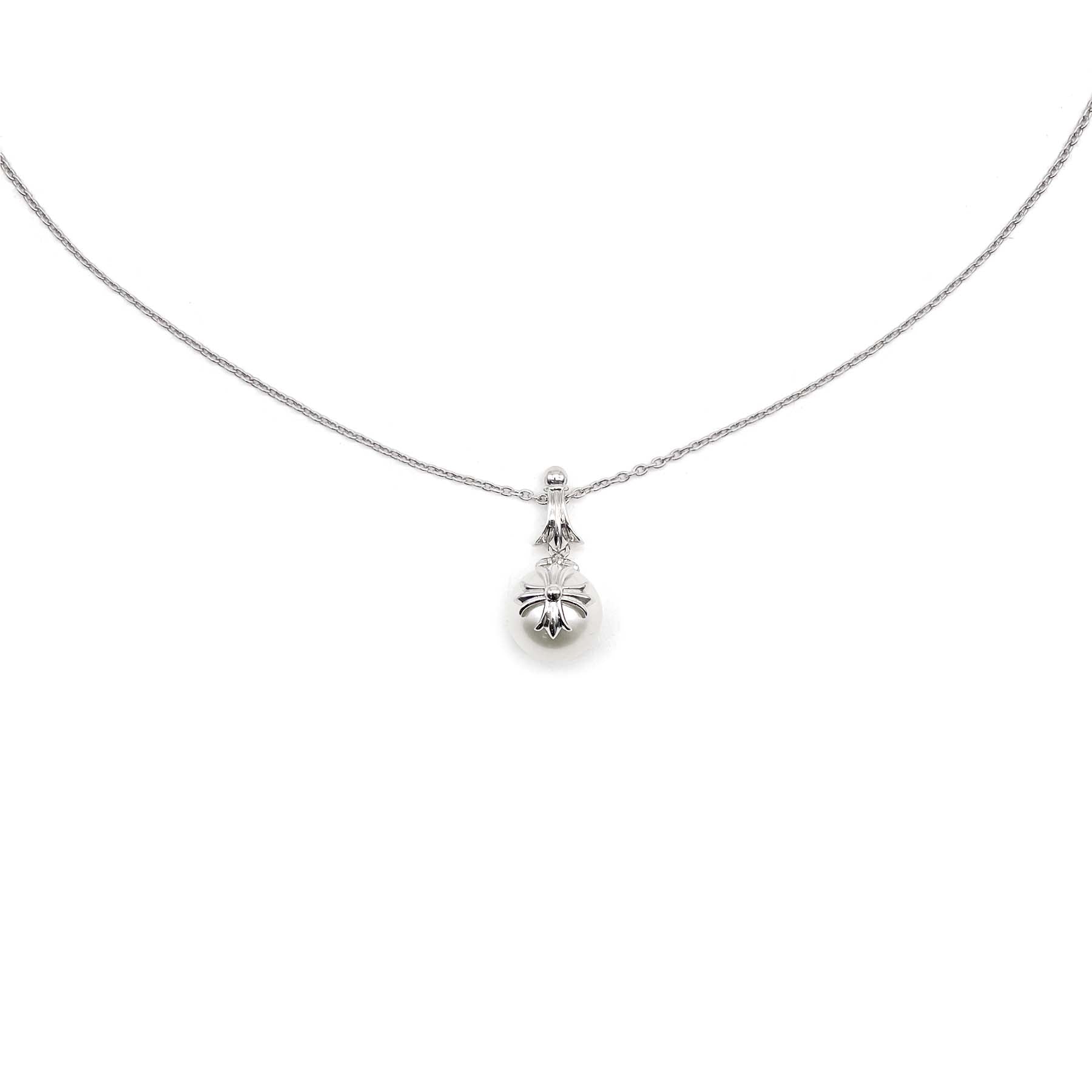 Chrome Hearts Mikimoto 18K White Gold Cross Pearl Necklace