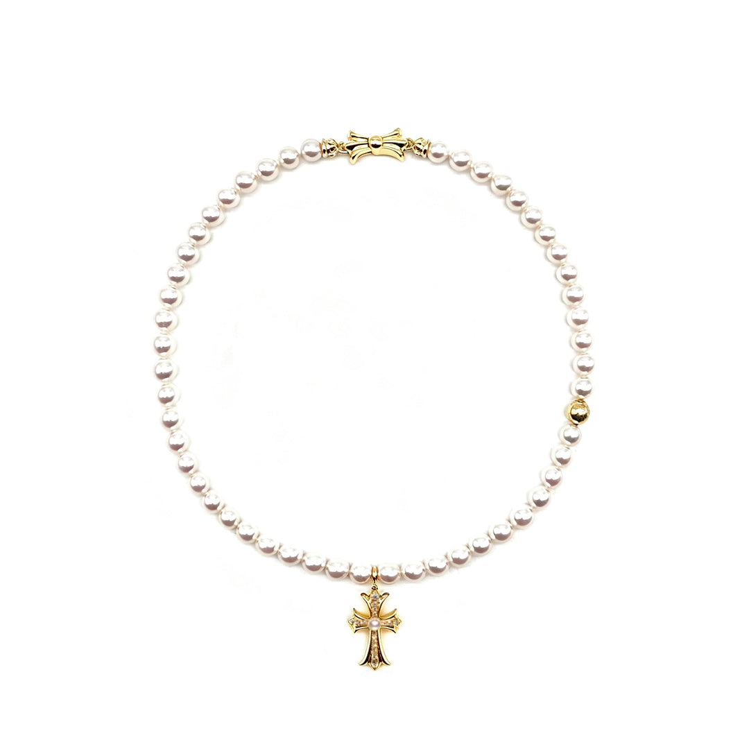 Chrome Hearts Mikimoto 22K Gold Cross Akoyo Pearl Necklace - SHENGLI ROAD MARKET