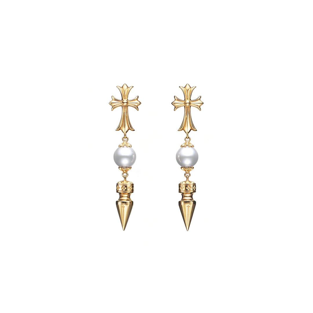 Chrome Hearts Mikimoto 22K Gold Cross Spike Pearl Earring Drop - SHENGLI ROAD MARKET